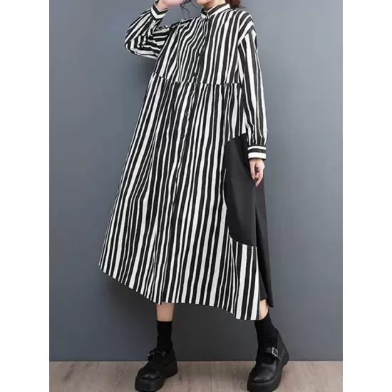 Buttoned Split-Joint Striped Long Sleeves Loose Mock Neck Midi Dresses Buttoned Split-Joint Striped Long Sleeves Loose Mock Neck Midi Dresses
