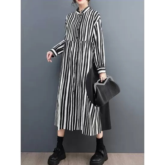 Buttoned Split-Joint Striped Long Sleeves Loose Mock Neck Midi Dresses Buttoned Split-Joint Striped Long Sleeves Loose Mock Neck Midi Dresses
