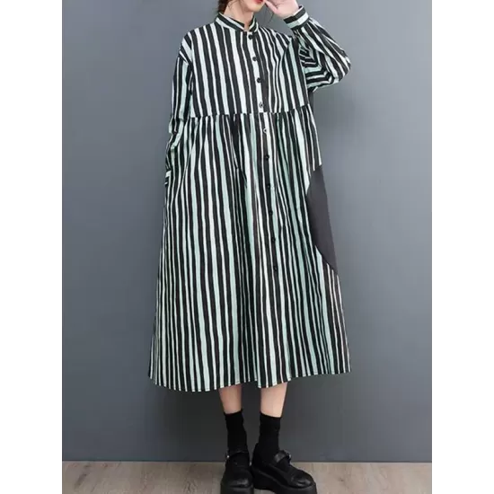 Buttoned Split-Joint Striped Long Sleeves Loose Mock Neck Midi Dresses Buttoned Split-Joint Striped Long Sleeves Loose Mock Neck Midi Dresses