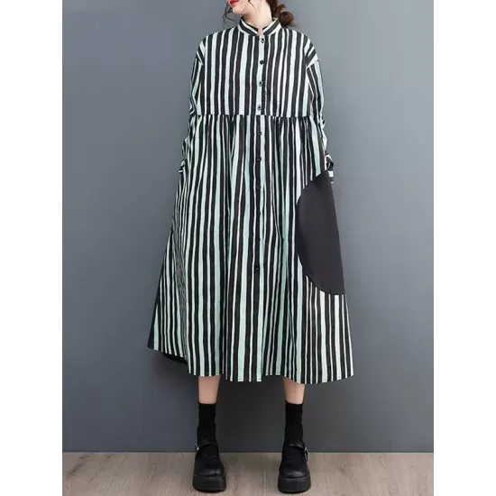 Buttoned Split-Joint Striped Long Sleeves Loose Mock Neck Midi Dresses Buttoned Split-Joint Striped Long Sleeves Loose Mock Neck Midi Dresses