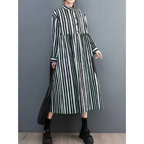 Buttoned Split-Joint Striped Long Sleeves Loose Mock Neck Midi Dresses Buttoned Split-Joint Striped Long Sleeves Loose Mock Neck Midi Dresses