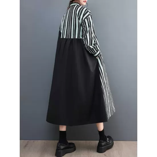 Buttoned Split-Joint Striped Long Sleeves Loose Mock Neck Midi Dresses Buttoned Split-Joint Striped Long Sleeves Loose Mock Neck Midi Dresses