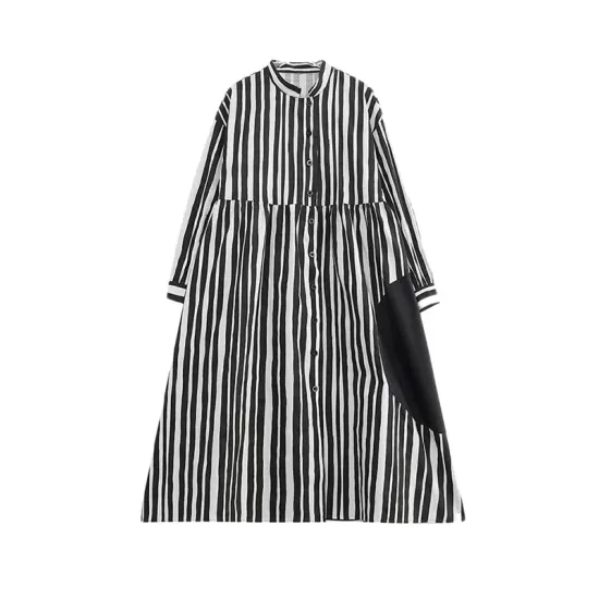 Buttoned Split-Joint Striped Long Sleeves Loose Mock Neck Midi Dresses Buttoned Split-Joint Striped Long Sleeves Loose Mock Neck Midi Dresses