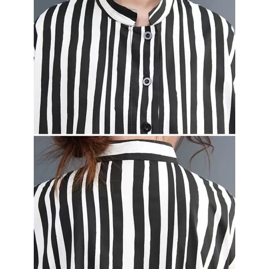 Buttoned Split-Joint Striped Long Sleeves Loose Mock Neck Midi Dresses Buttoned Split-Joint Striped Long Sleeves Loose Mock Neck Midi Dresses