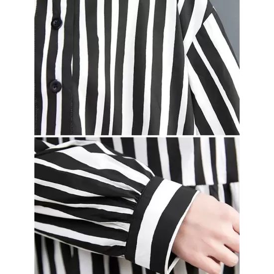 Buttoned Split-Joint Striped Long Sleeves Loose Mock Neck Midi Dresses Buttoned Split-Joint Striped Long Sleeves Loose Mock Neck Midi Dresses