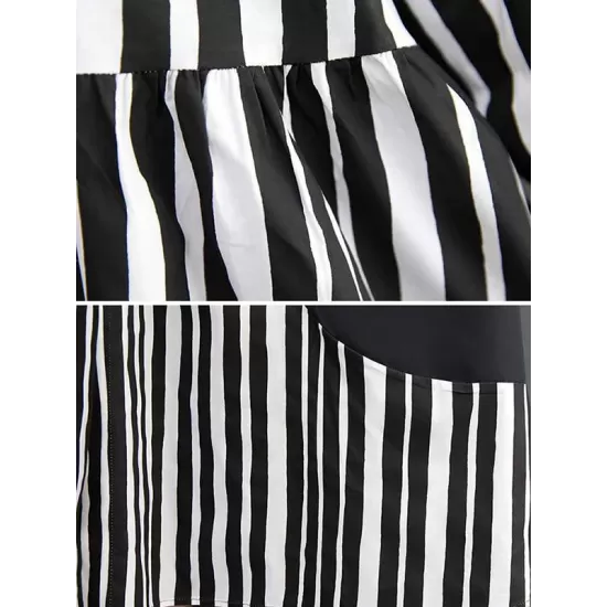 Buttoned Split-Joint Striped Long Sleeves Loose Mock Neck Midi Dresses Buttoned Split-Joint Striped Long Sleeves Loose Mock Neck Midi Dresses