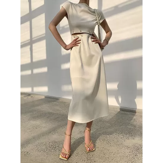 Detachable Hollow Split-Joint A-Line High Waisted Mock Neck Midi Dresses Detachable Hollow Split-Joint A-Line High Waisted Mock Neck Midi Dresses