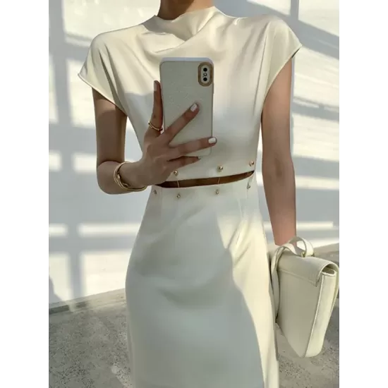 Detachable Hollow Split-Joint A-Line High Waisted Mock Neck Midi Dresses Detachable Hollow Split-Joint A-Line High Waisted Mock Neck Midi Dresses