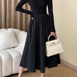 Elasticity Hollow Solid Color Split-Joint A-Line Long Sleeves Round-Neck Midi Dresses