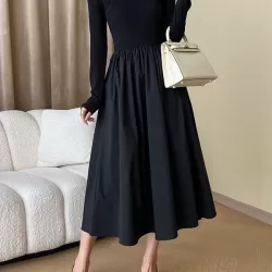 Elasticity Hollow Solid Color Split-Joint A-Line Long Sleeves Round-Neck Midi Dresses