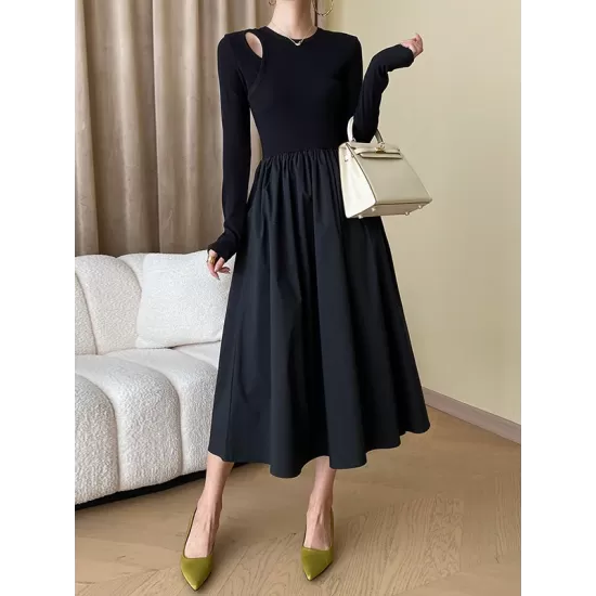 Elasticity Hollow Solid Color Split-Joint A-Line Long Sleeves Round-Neck Midi Dresses Elasticity Hollow Solid Color Split-Joint A-Line Long Sleeves Round-Neck Midi Dresses
