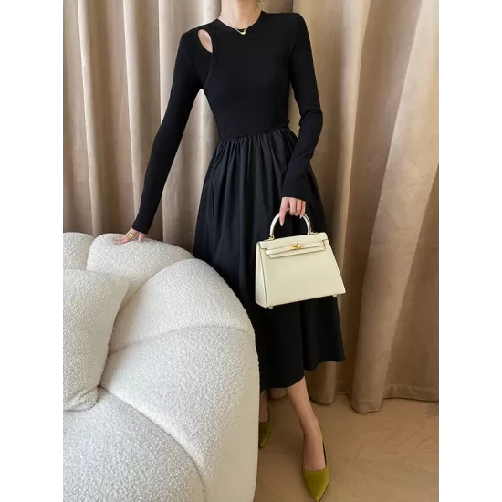 Elasticity Hollow Solid Color Split-Joint A-Line Long Sleeves Round-Neck Midi Dresses Elasticity Hollow Solid Color Split-Joint A-Line Long Sleeves Round-Neck Midi Dresses
