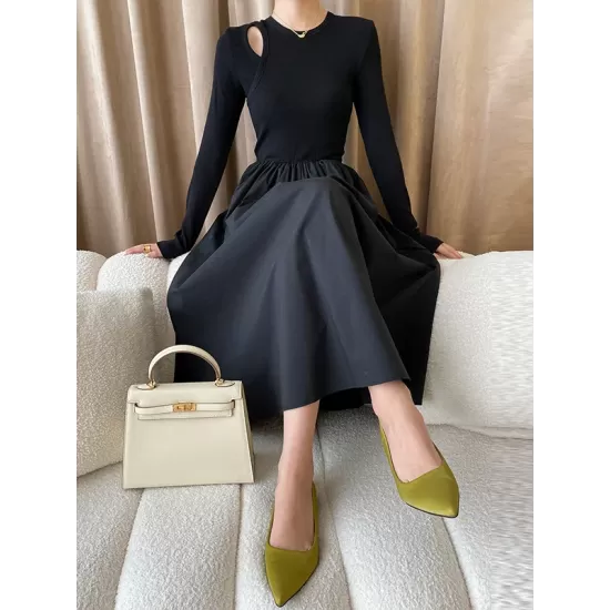 Elasticity Hollow Solid Color Split-Joint A-Line Long Sleeves Round-Neck Midi Dresses Elasticity Hollow Solid Color Split-Joint A-Line Long Sleeves Round-Neck Midi Dresses