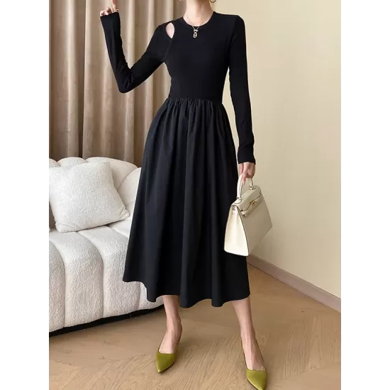 Elasticity Hollow Solid Color Split-Joint A-Line Long Sleeves Round-Neck Midi Dresses Elasticity Hollow Solid Color Split-Joint A-Line Long Sleeves Round-Neck Midi Dresses