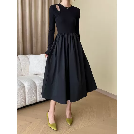 Elasticity Hollow Solid Color Split-Joint A-Line Long Sleeves Round-Neck Midi Dresses Elasticity Hollow Solid Color Split-Joint A-Line Long Sleeves Round-Neck Midi Dresses