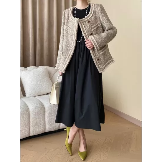 Elasticity Hollow Solid Color Split-Joint A-Line Long Sleeves Round-Neck Midi Dresses Elasticity Hollow Solid Color Split-Joint A-Line Long Sleeves Round-Neck Midi Dresses