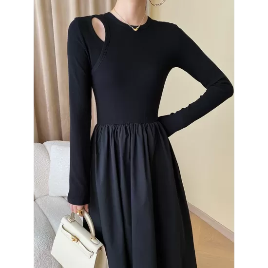 Elasticity Hollow Solid Color Split-Joint A-Line Long Sleeves Round-Neck Midi Dresses Elasticity Hollow Solid Color Split-Joint A-Line Long Sleeves Round-Neck Midi Dresses