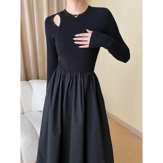 Elasticity Hollow Solid Color Split-Joint A-Line Long Sleeves Round-Neck Midi Dresses Elasticity Hollow Solid Color Split-Joint A-Line Long Sleeves Round-Neck Midi Dresses