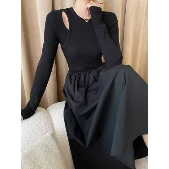 Elasticity Hollow Solid Color Split-Joint A-Line Long Sleeves Round-Neck Midi Dresses Elasticity Hollow Solid Color Split-Joint A-Line Long Sleeves Round-Neck Midi Dresses