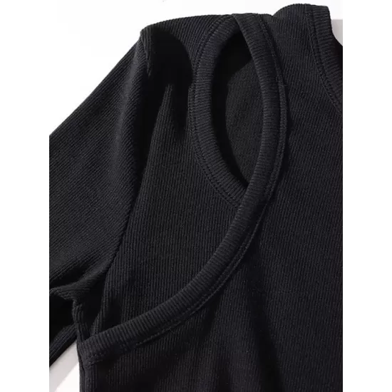 Elasticity Hollow Solid Color Split-Joint A-Line Long Sleeves Round-Neck Midi Dresses Elasticity Hollow Solid Color Split-Joint A-Line Long Sleeves Round-Neck Midi Dresses