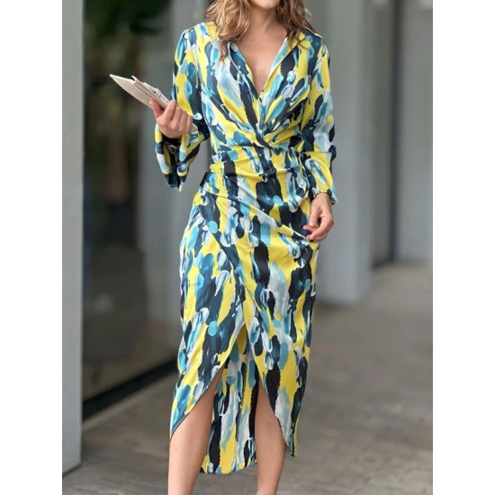 Asymmetric Pleated Printed Split-Joint High Waisted Long Sleeves Deep V-Neck Midi Dresses Asymmetric Pleated Printed Split-Joint High Waisted Long Sleeves Deep V-Neck Midi Dresses