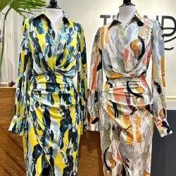 Asymmetric Pleated Printed Split-Joint High Waisted Long Sleeves Deep V-Neck Midi Dresses