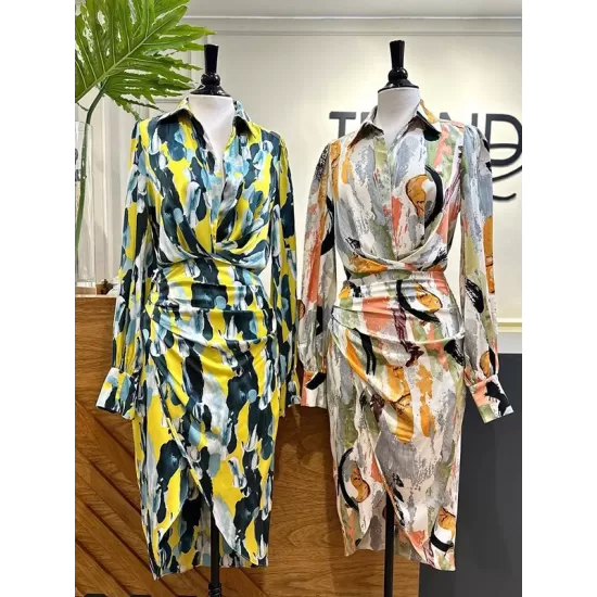 Asymmetric Pleated Printed Split-Joint High Waisted Long Sleeves Deep V-Neck Midi Dresses Asymmetric Pleated Printed Split-Joint High Waisted Long Sleeves Deep V-Neck Midi Dresses