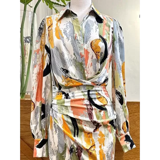 Asymmetric Pleated Printed Split-Joint High Waisted Long Sleeves Deep V-Neck Midi Dresses Asymmetric Pleated Printed Split-Joint High Waisted Long Sleeves Deep V-Neck Midi Dresses