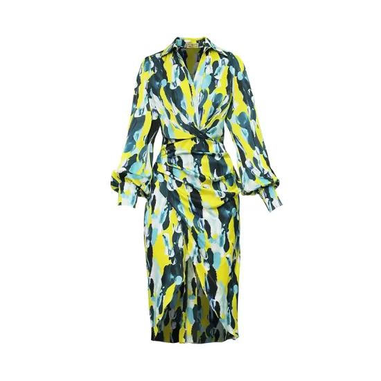 Asymmetric Pleated Printed Split-Joint High Waisted Long Sleeves Deep V-Neck Midi Dresses Asymmetric Pleated Printed Split-Joint High Waisted Long Sleeves Deep V-Neck Midi Dresses