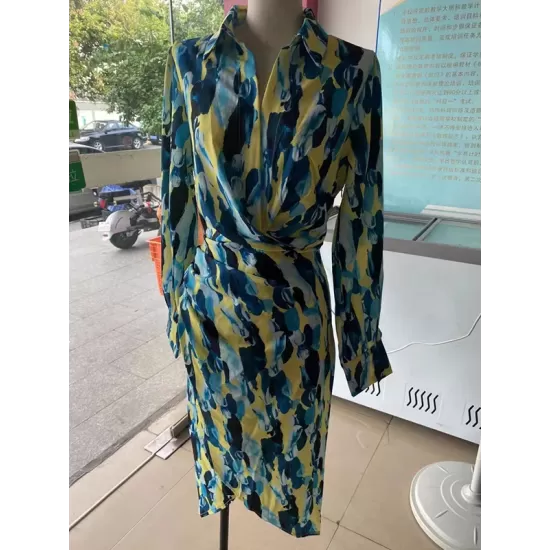 Asymmetric Pleated Printed Split-Joint High Waisted Long Sleeves Deep V-Neck Midi Dresses Asymmetric Pleated Printed Split-Joint High Waisted Long Sleeves Deep V-Neck Midi Dresses