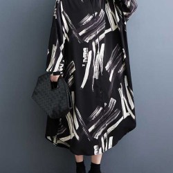 Buttoned Hooded Printed Long Sleeves Loose Outerwear Midi Dresses