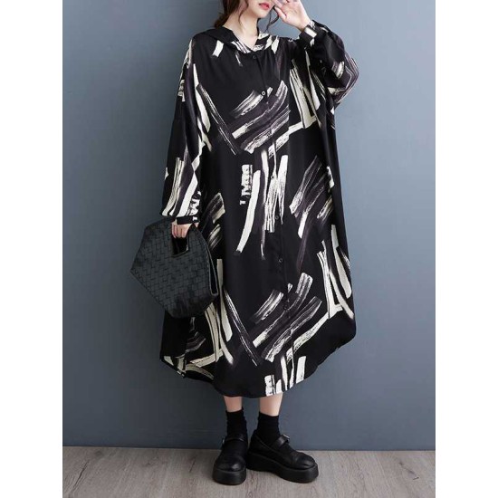 Buttoned Hooded Printed Long Sleeves Loose Outerwear Midi Dresses Buttoned Hooded Printed Long Sleeves Loose Outerwear Midi Dresses