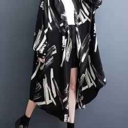 Buttoned Hooded Printed Long Sleeves Loose Outerwear Midi Dresses