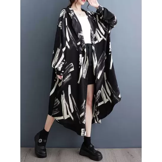 Buttoned Hooded Printed Long Sleeves Loose Outerwear Midi Dresses Buttoned Hooded Printed Long Sleeves Loose Outerwear Midi Dresses
