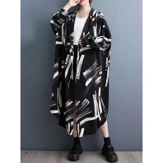 Buttoned Hooded Printed Long Sleeves Loose Outerwear Midi Dresses Buttoned Hooded Printed Long Sleeves Loose Outerwear Midi Dresses