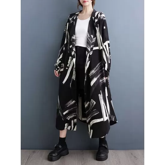 Buttoned Hooded Printed Long Sleeves Loose Outerwear Midi Dresses Buttoned Hooded Printed Long Sleeves Loose Outerwear Midi Dresses