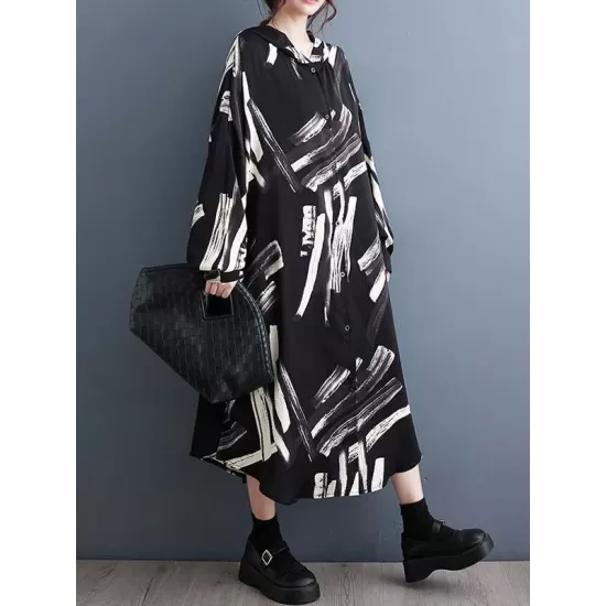 Buttoned Hooded Printed Long Sleeves Loose Outerwear Midi Dresses Buttoned Hooded Printed Long Sleeves Loose Outerwear Midi Dresses