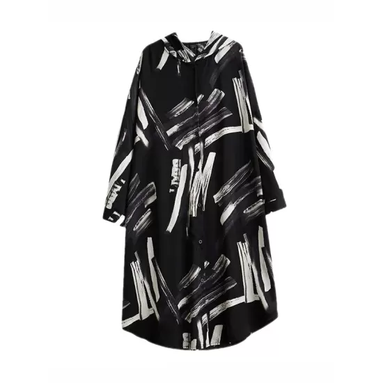 Buttoned Hooded Printed Long Sleeves Loose Outerwear Midi Dresses Buttoned Hooded Printed Long Sleeves Loose Outerwear Midi Dresses