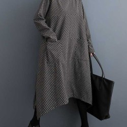 Pockets Printed Split-Joint Split-Side Long Sleeves Loose Round-Neck Midi Dresses