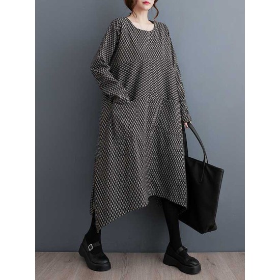 Pockets Printed Split-Joint Split-Side Long Sleeves Loose Round-Neck Midi Dresses Pockets Printed Split-Joint Split-Side Long Sleeves Loose Round-Neck Midi Dresses