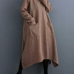 Pockets Printed Split-Joint Split-Side Long Sleeves Loose Round-Neck Midi Dresses