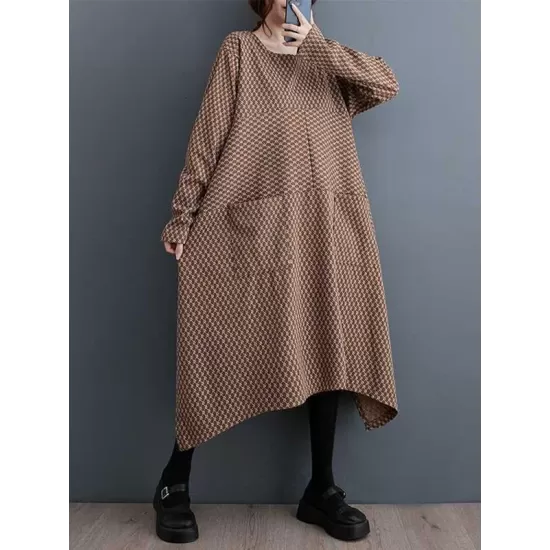 Pockets Printed Split-Joint Split-Side Long Sleeves Loose Round-Neck Midi Dresses Pockets Printed Split-Joint Split-Side Long Sleeves Loose Round-Neck Midi Dresses