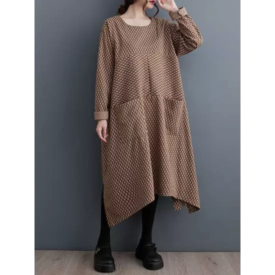 Pockets Printed Split-Joint Split-Side Long Sleeves Loose Round-Neck Midi Dresses Pockets Printed Split-Joint Split-Side Long Sleeves Loose Round-Neck Midi Dresses