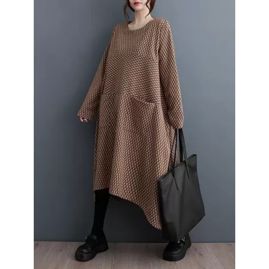 Pockets Printed Split-Joint Split-Side Long Sleeves Loose Round-Neck Midi Dresses Pockets Printed Split-Joint Split-Side Long Sleeves Loose Round-Neck Midi Dresses