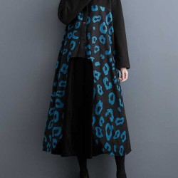Buttoned Pleated Printed Split-Joint Long Sleeves Loose Lapel Midi Dresses