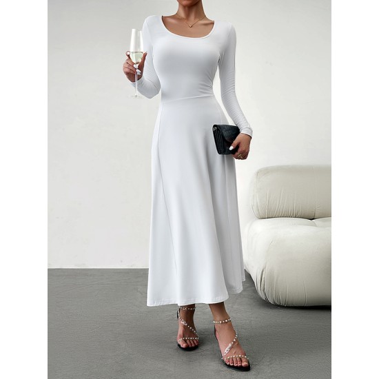 Solid Color Tied Waist A-Line High Waisted U-Neck Midi Dresses Solid Color Tied Waist A-Line High Waisted U-Neck Midi Dresses