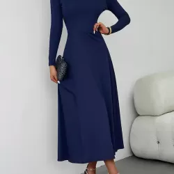 Solid Color Tied Waist A-Line High Waisted U-Neck Midi Dresses