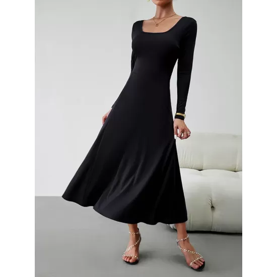 Solid Color Tied Waist A-Line High Waisted U-Neck Midi Dresses Solid Color Tied Waist A-Line High Waisted U-Neck Midi Dresses
