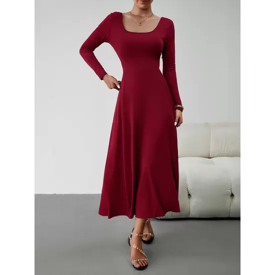 Solid Color Tied Waist A-Line High Waisted U-Neck Midi Dresses Solid Color Tied Waist A-Line High Waisted U-Neck Midi Dresses