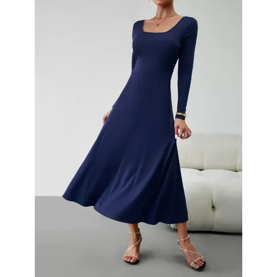 Solid Color Tied Waist A-Line High Waisted U-Neck Midi Dresses Solid Color Tied Waist A-Line High Waisted U-Neck Midi Dresses